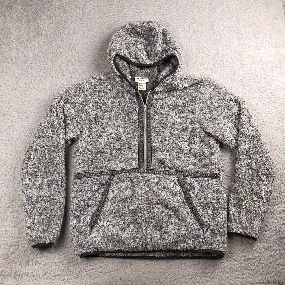 Ariat R.E.A.L. Sherpa Fleece 1/2-Zip‎ Hoodie Women Medium Gray Southwestern Trim